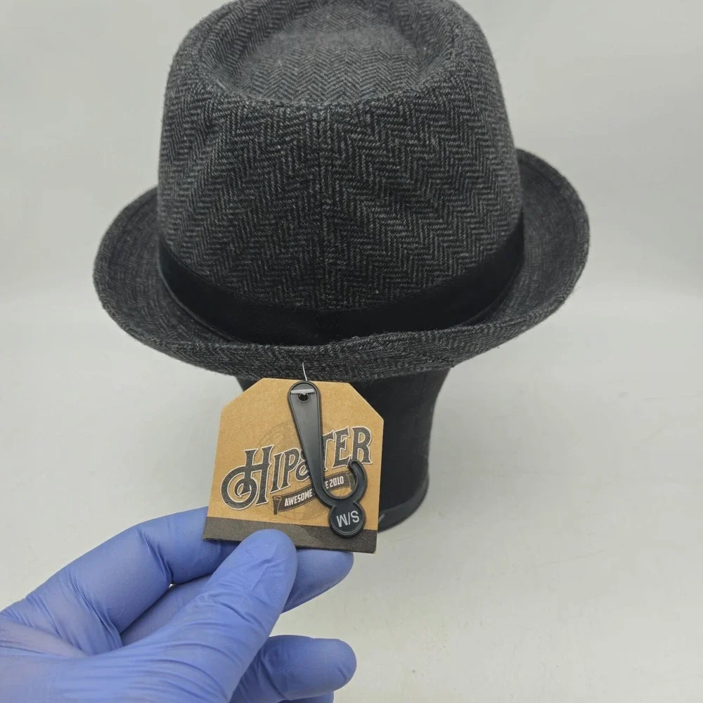 Hipster Fedora Hat Mens Small Medium Gray Polyester‎ Herringbone Black Band